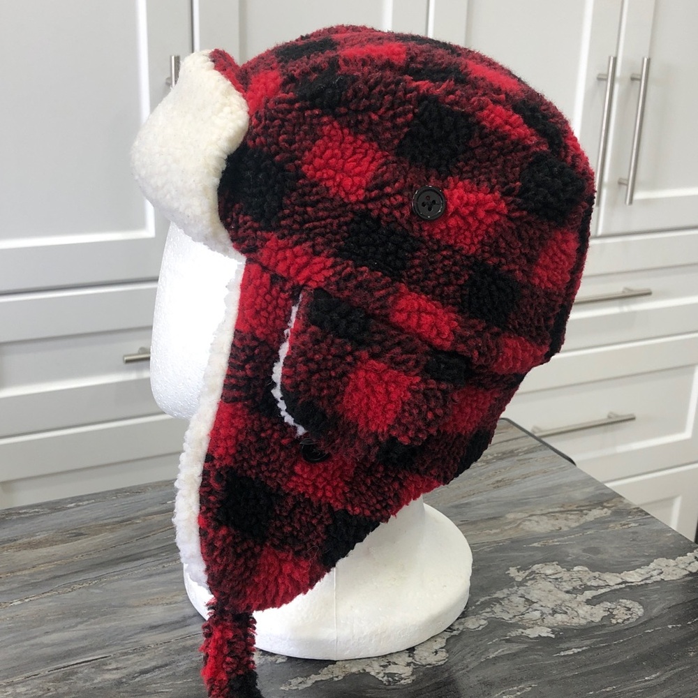 Kids Red Plaid Sherpa-Lined Trapper Hat